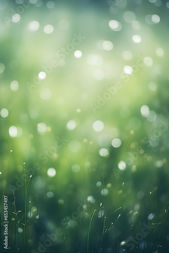 Out of focus green grass with drops of dew background with bokeh and light leak.