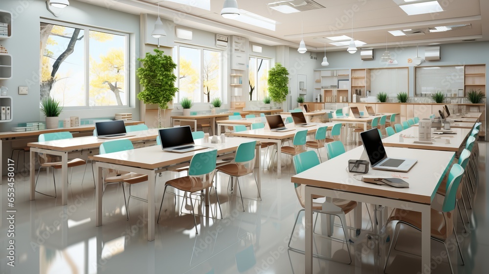 Classroom, space for learning and tutoring, school or university auditorium, concept: acquiring knowledge in an institution Classroom, space for learning and tutoring, school or university auditorium, concept: acquiring knowledge in an institution