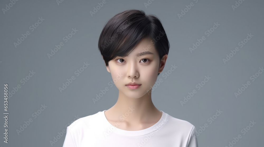 Energetic Asian Teen with Short Hair, Sporting a White T-Shirt, Poses Against a Chic Gray Studio Backdrop. Energetic Asian Teen with Short Hair, Sporting a White T-Shirt, Poses Against a Chic Gray Studio Backdrop.