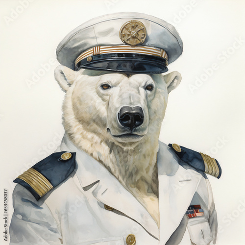 A polar bear wearing a navi captian's outfit and a hat in the white background photo