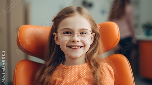 Dental medicine clinic for children. Oral cavity by a dentist. Smiling happy little kid child girl patient visits a dentist office to treat her teeth. Health care treatment. No fear.