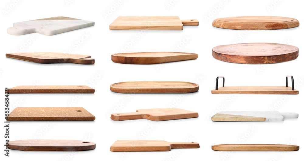 Set of different wooden boards on white background Set of different wooden boards on white background