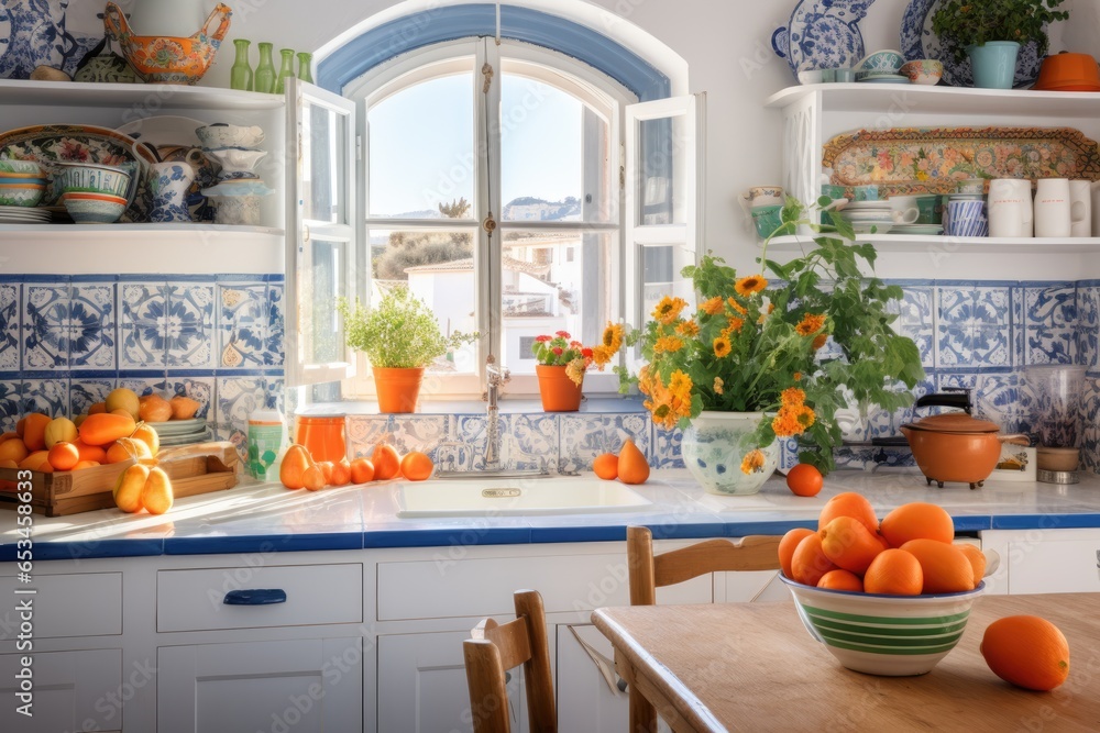 Maximalist style kitchen decorated in bright colors, with flowers and mediterranean design elements - obrazy, fototapety, plakaty 