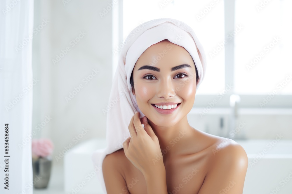 Beautiful smiling woman with the white towel on the bathroom background. Self care, spa concept Beautiful smiling woman with the white towel on the bathroom background. Self care, spa concept