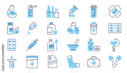 Drugs Related Vector Icons set. Drugs signs. Contains such Icons as Pills, Spray, Syringe, First Aid, Gel, Recipe, Syrup, Pills Tube, Tooth Paste, Capsule, Vitamin, Inhaler, Eye Drops