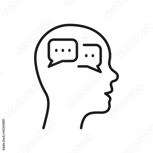 Inner Dialog in Human Head Line Icon. Person's Internal Conversation Linear Pictogram. Dialog with Yourself Outline Sign. Intellectual Process Symbol. Editable Stroke. Isolated Vector Illustration