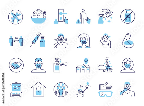 Coronavirus Prevention vector icons. Isolated on white background. Contains such Icons as Washing Hands, Outbreak Map, Man and Woman Wearing Face Mask, avoid travel, wash fruits, vaccine, clean