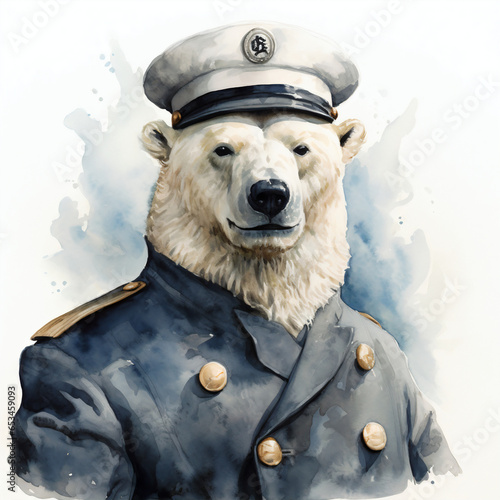 A polar bear wearing a navi captian's outfit and a hat in the white background photo