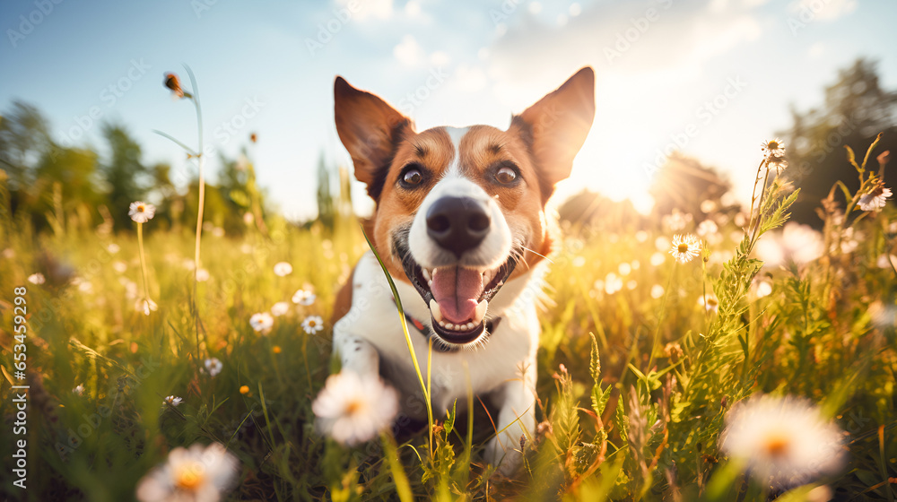 Funny portrait of a smiling Jack Russell Terrier dog playing in the meadow with copy space. Concept of products for protection against ticks and fleas. - obrazy, fototapety, plakaty 