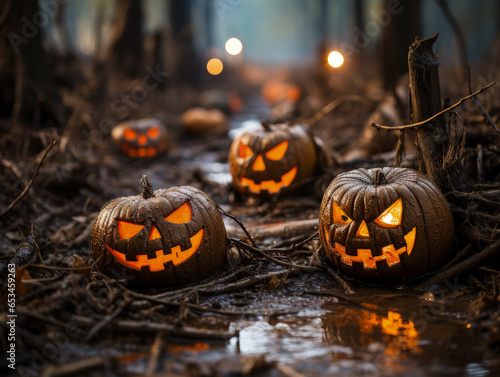 Spooky Halloween Night with Field of Unique Jack-o'-Lanterns, Moonlight Casting Eerie Shadows, Whimsical and Mysterious Atmosphere, AI-Generated 8K 