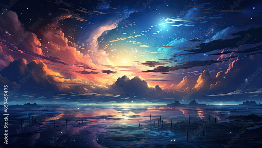 Piękne nocne niebo pełne gwiazd. Obraz w stylu anime - obrazy, fototapety, plakaty 