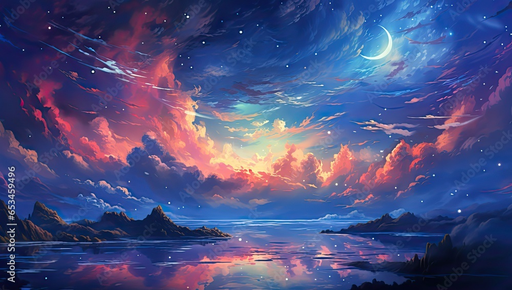 Piękne nocne niebo pełne gwiazd. Obraz w stylu anime - obrazy, fototapety, plakaty 