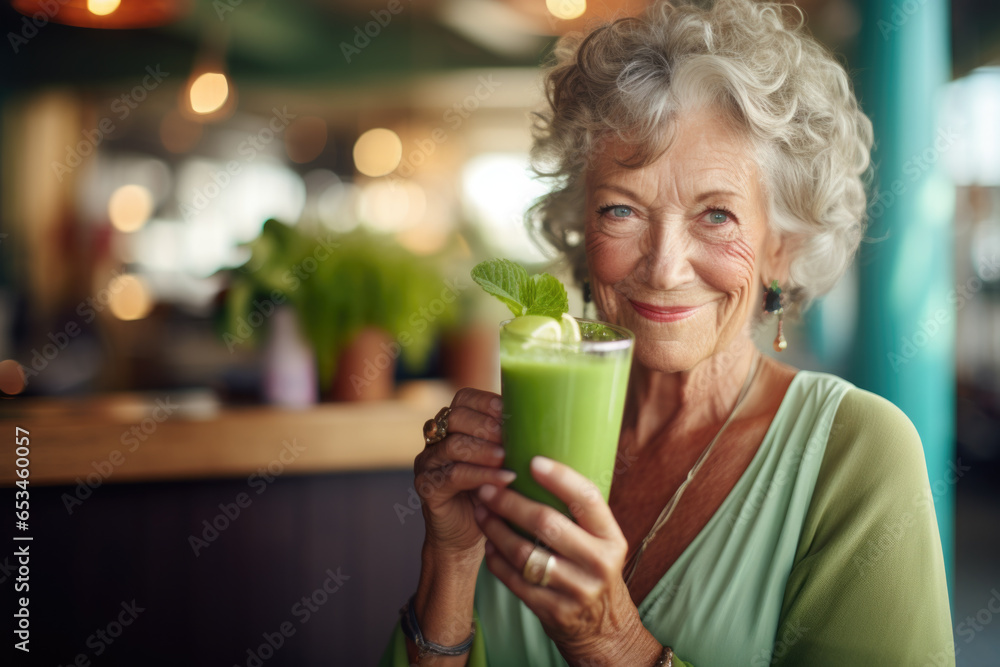 Smiling senior woman drinking a glass of green healthy juice. Smiling senior woman drinking a glass of green healthy juice.