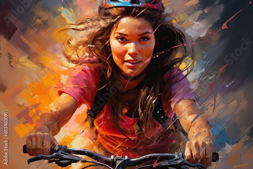 Piękna kobieta w kasku rowerowym pędząca na rowerze, przedstawiona na kolorowym obrazie. 