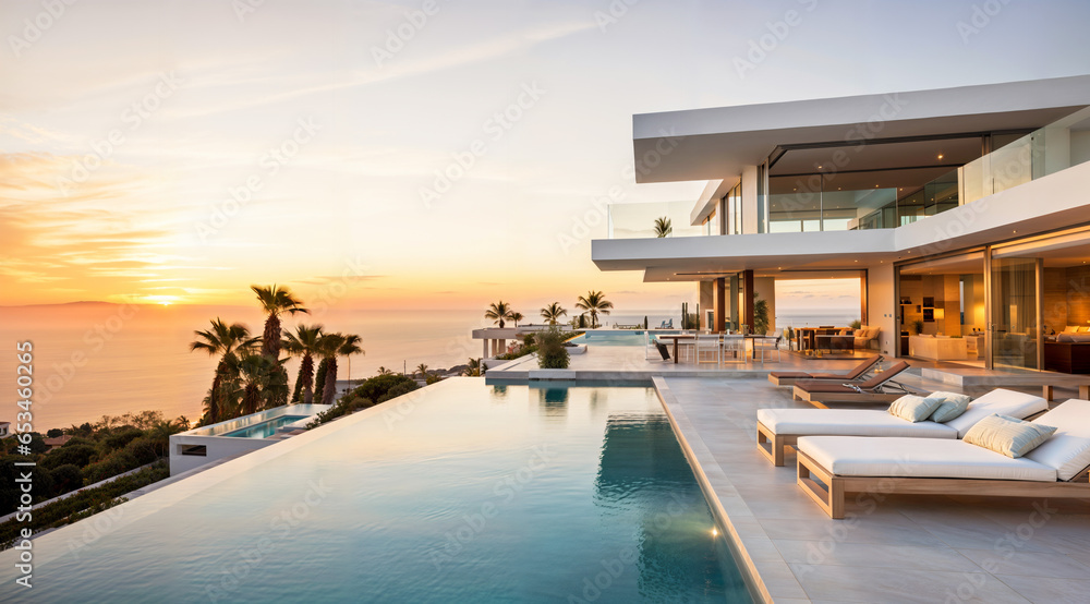 Luxury villa with a swimming pool, white modern house, beautiful sea view landscape, coast