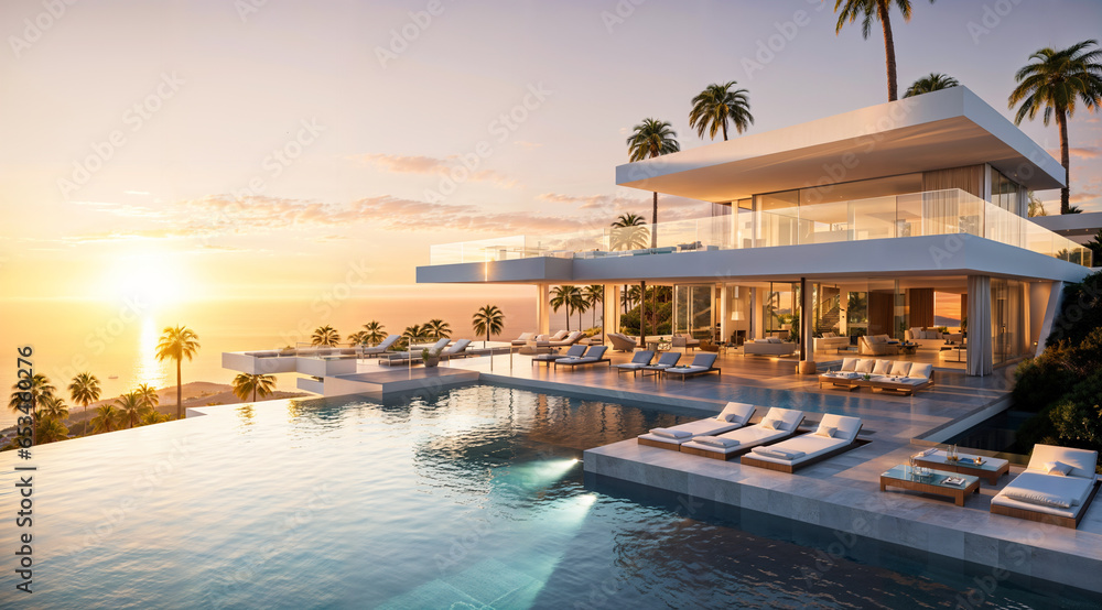Luxury villa with a swimming pool, white modern house, beautiful sea view landscape, coast - obrazy, fototapety, plakaty 