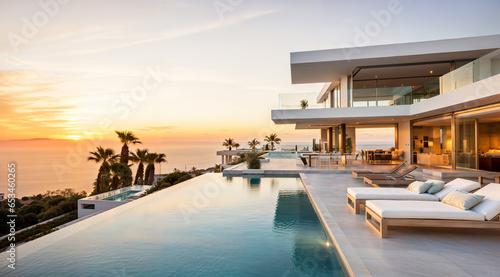 Luxury villa with a swimming pool  white modern house  beautiful sea view landscape  coast