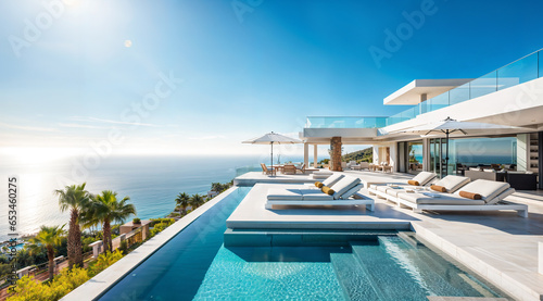 Luxury villa with a swimming pool, white modern house, beautiful sea view landscape, coast © OpticalDesign