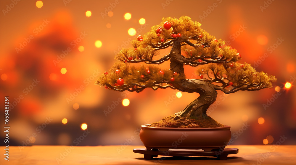 Christmas japanese bonsai tree on a bokeh uniform background. Merry Xmas minimalist creative photography. December decoration, new year celebration ambiance. Ancient vase. Empty space for text. Christmas japanese bonsai tree on a bokeh uniform background. Merry Xmas minimalist creative photography. December decoration, new year celebration ambiance. Ancient vase. Empty space for text.