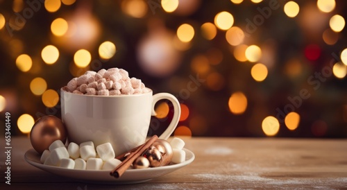 a cup of hot drink  on theChristmas  background 