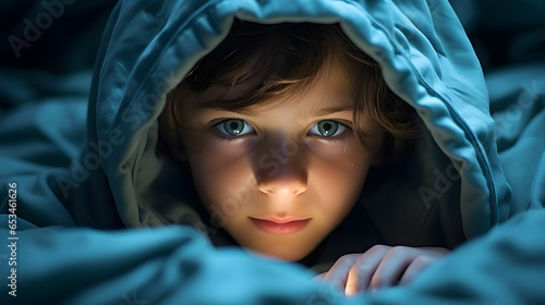 A little boy is covered with a blanket with his head from the fear of monsters from the night, the concept of the night of fear, Halloween