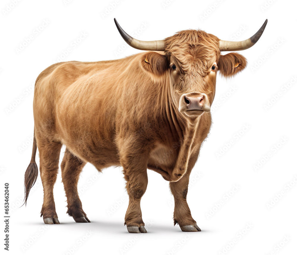Strong brown bull is standing isolated on black background. Generative AI image illustration. Beautiful animals concept Strong brown bull is standing isolated on black background. Generative AI image illustration. Beautiful animals concept