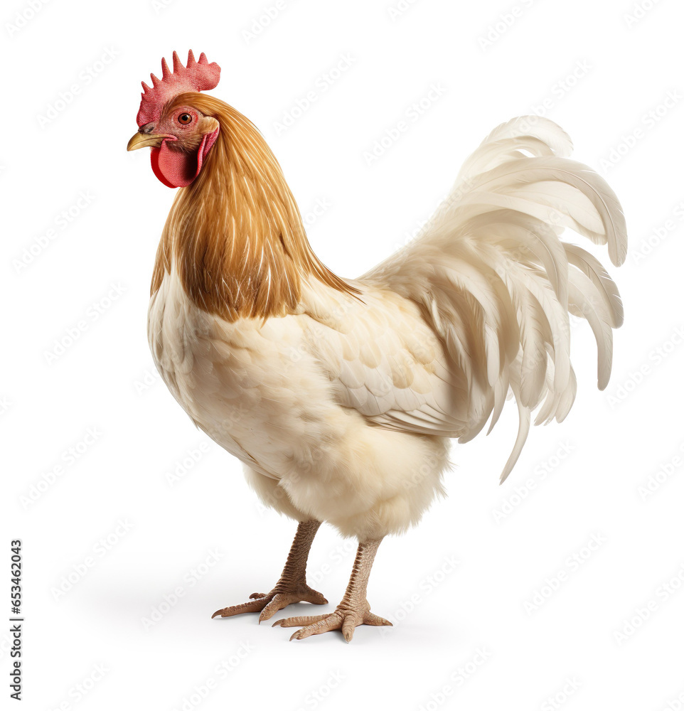 Beautiful chicken is standing isolated on white background. Generative AI image illustration. Beautiful farm animals concept