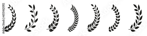 Laurel Wreath In Half Circle Shape Black Icon Set. Olive Leaf Ornate, Vintage Tree Branch, Floral Border. Natural Heraldic Decoration Collection. Isolated Vector Illustration