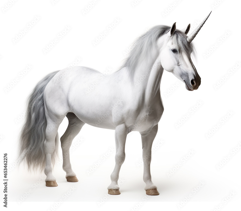 Unicorn isolated on white background. Generative AI image illustration. Beautiful fairy tales creatures concept