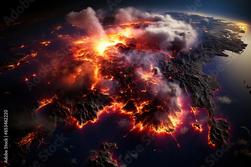 Aerial view of doomsday with shifting tectonic plates, fractures of the earth crust with a lava eruption on earth