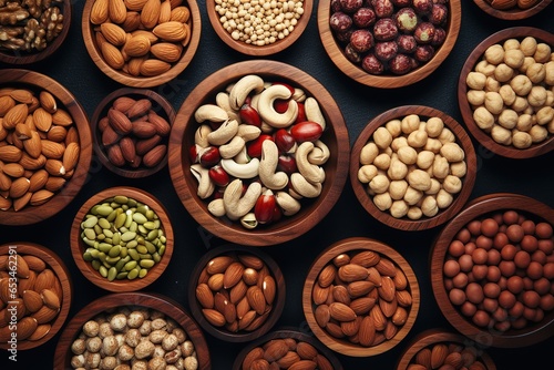 a close-up of a table with bowls of nuts and nuts, nuts and chocolate, set of nuts