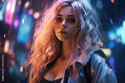 Piękna nowoczesna dziewczyna w futurystycznym mieście pełnym neonowych świateł nocą.  © Bear Boy 