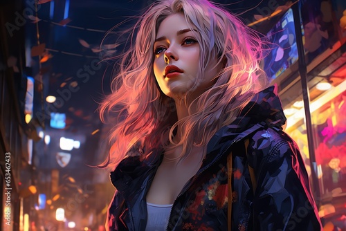 Piękna nowoczesna dziewczyna w futurystycznym mieście pełnym neonowych świateł nocą. 