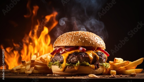 hamburger on fire