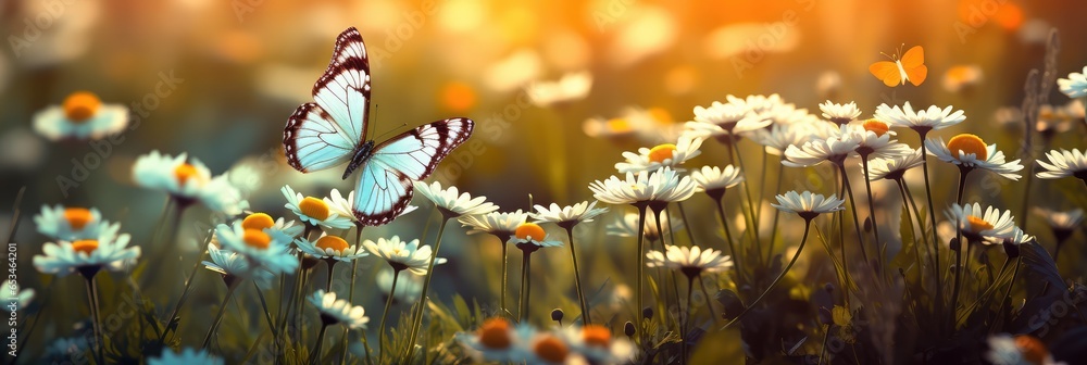 Motyle latające na łące pośród pięknych wiosennych kwiatów widok panoramiczny.  - obrazy, fototapety, plakaty 