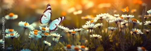 Motyle latające na łące pośród pięknych wiosennych kwiatów widok panoramiczny. 
