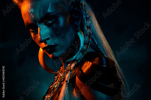 Fotografie Photo of cool angry mystic woman wear gothic valkyrie costume suspicious look yo