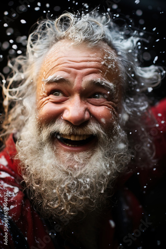 Close-up Portrait of Smiling Santa Claus with White Beard and Hair, Snow Falling on Black Background © mathiasalvez