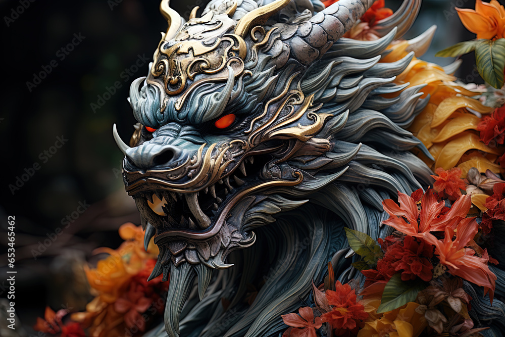 Chinese dragon, in the style of detailed multi-layered compositions, fantastic character colorful wood carvings, intricate floral arrangements, close-up, colorful bright background. ai generative art