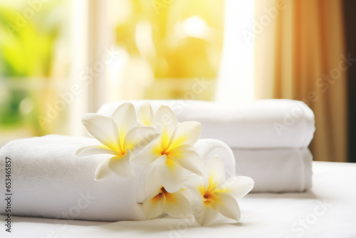 White Towels and Flowers  Blurred Background