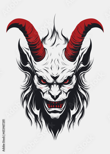 Illustration of lord of darkness in tattoo style with horns on light background