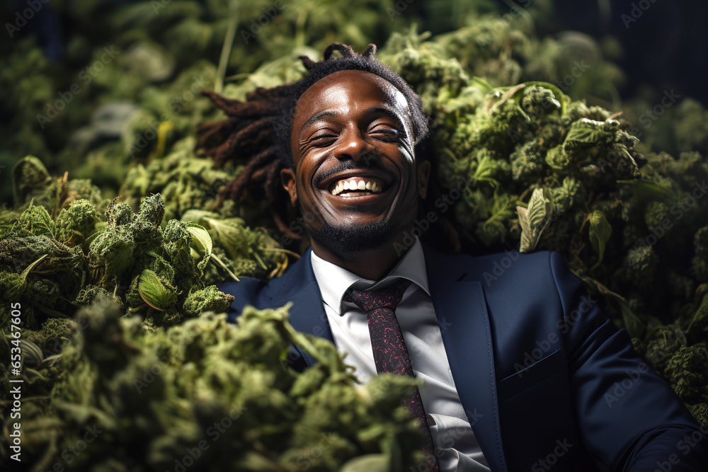 happy black businessman laughs while lying on pile of marijuana cannabis bushes - obrazy, fototapety, plakaty 