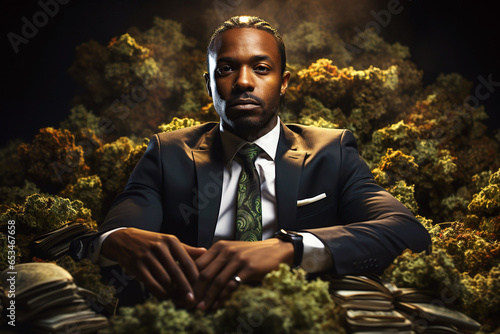 black businessman is sitting in pile of marijuana cannabis crop and dollar money