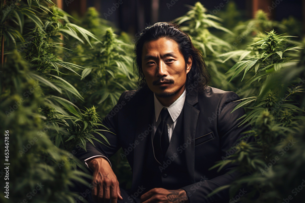 Asian man on plantation field with a crop of marijuana cannabis bushes - obrazy, fototapety, plakaty 