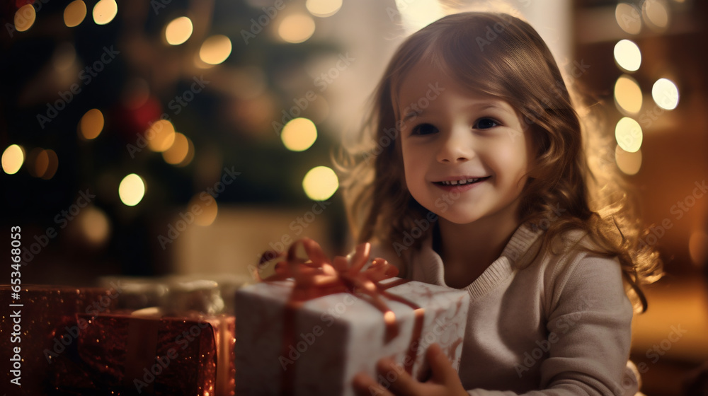 Enfant à Noël reçoit ses cadeaux devant le sapin, boule de neige, guirlande et déco Enfant à Noël reçoit ses cadeaux devant le sapin, boule de neige, guirlande et déco