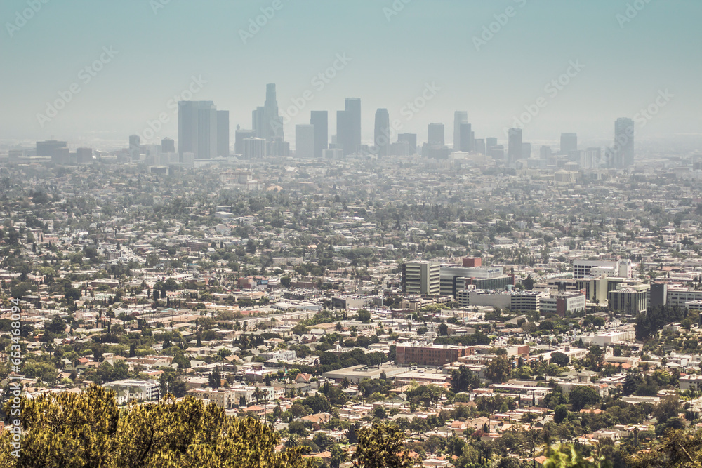 Los Angeles skyline from Griffith Park  in the summertime