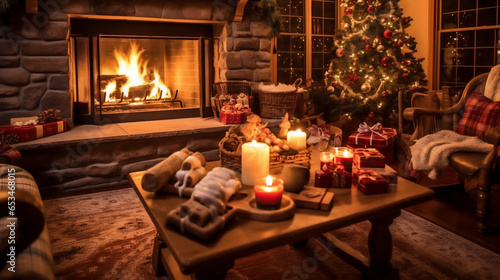 Décoration de Noël avec la cheminée, le sapin, les boules de Noël et les guirlandes