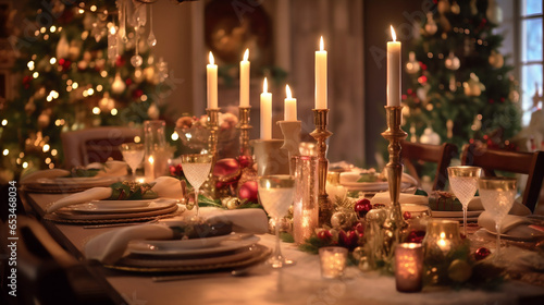 Table à manger pour Noël, décoration de table, bougie, assiette pour un repas de famille