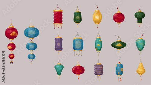 Vector set of colorful Chinese lanterns with ornaments. Symbol of Chinese New Year, Mid-Autumn Festival, Lantern festival. Cartoon style illustrations for compositions and cards