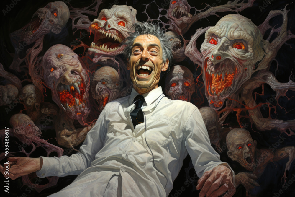 Doctor is a drug addict under the influence of psychotropic substances. A smiling adult surrounded by various demons.